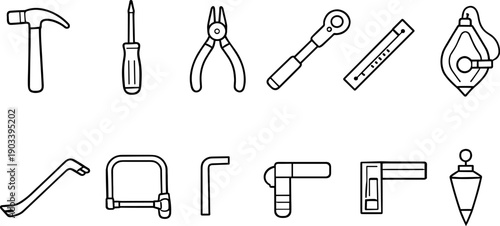 Collection of simple line art icons representing various common hand tools for construction and repair