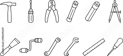 Collection of hand tools and measuring instruments in a simple line art style
