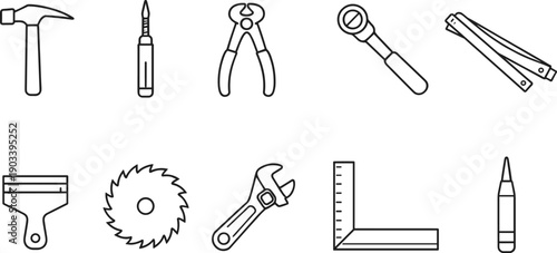 Collection of various hand tools and hardware icons in a clean line art style