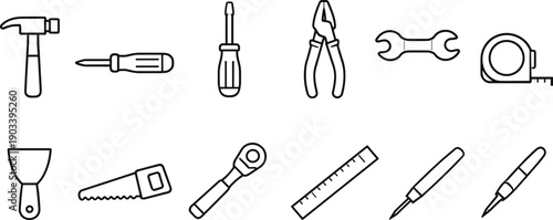 Collection of simple line art icons representing various hand tools for construction and repair