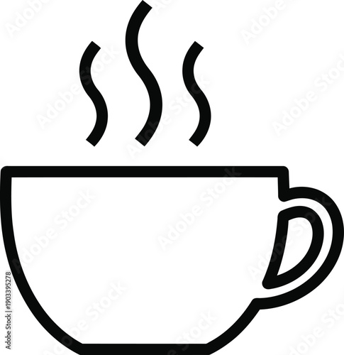 A simple line drawing of a steaming hot cup of coffee or tea