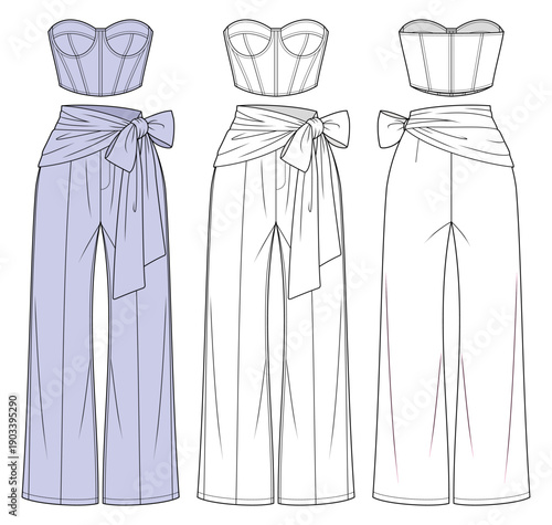 Strapless Corset Top and Wrap Waist Wide Leg Pants Set Technical Fashion Illustration. Sculpted Bodice with Tie Detail. Contemporary Resort Co-Ord CAD Vector.