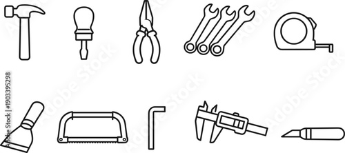 Collection of various hand tools and measuring instruments in a simple line art style
