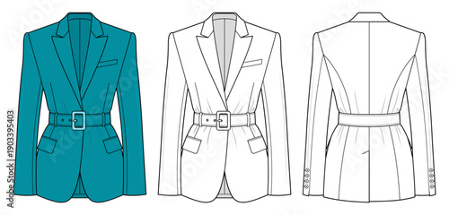 Belted Tailored Blazer Technical Fashion Illustration. Cinched Waist Structured Suit Jacket. Power Dressing Contemporary Silhouette CAD Vector Template
