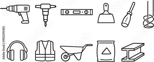 Collection of construction and DIY tools and equipment icons on a white background