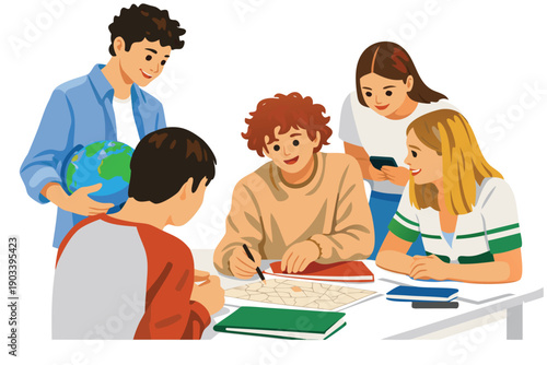 Group of diverse students studying and working on a project together at a desk.