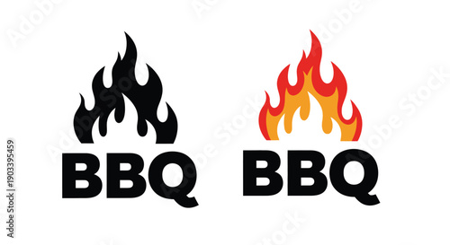 Barbecue logo design featuring flame icons presented in both solid black and vibrant color variations