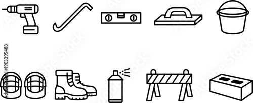 Collection of construction and DIY tools and safety equipment icons