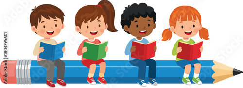 Diverse group of happy young children sitting and reading books on a large blue pencil isolated on white background for school education.