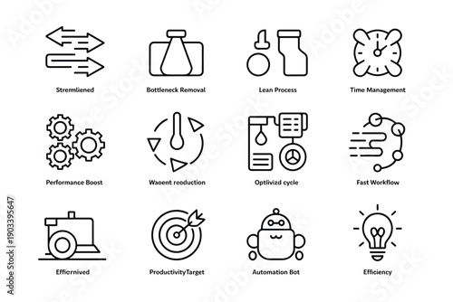 Set of outline icons on white background representing process improvement and business efficiency concepts