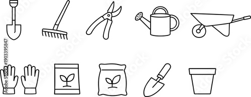 Collection of simple line art icons representing various gardening tools and supplies