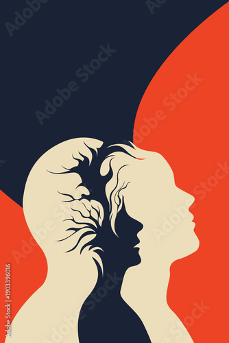 Surreal overlapping profiles man woman inner child tree brain, thoughts memories overthinking, bold minimalist mental health psychology vector illustration
