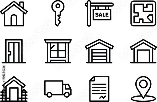 Real estate linear icons set. collection of house, key, sale, blueprint, door, window, garage thin line signs