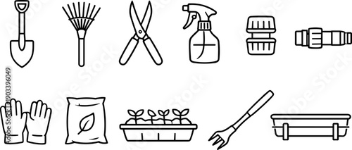 Collection of essential gardening tools and supplies for planting and cultivation