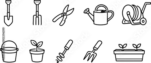 Collection of simple line art icons representing various gardening tools and plants