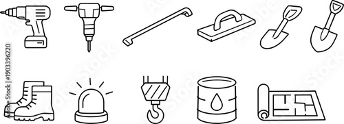 Collection of construction and building tools icons, simple line art style