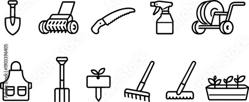 Collection of simple line art icons representing various gardening tools and supplies