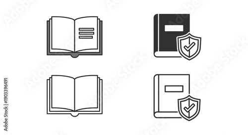 Set of four minimalist icons representing book knowledge, security, and open publication variations