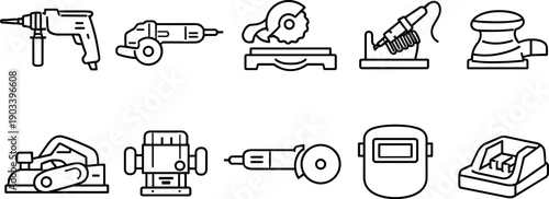Collection of line art icons representing various power tools and safety equipment for construction and DIY