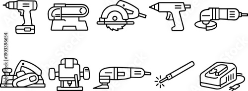 Collection of modern power tools and equipment for construction and DIY projects