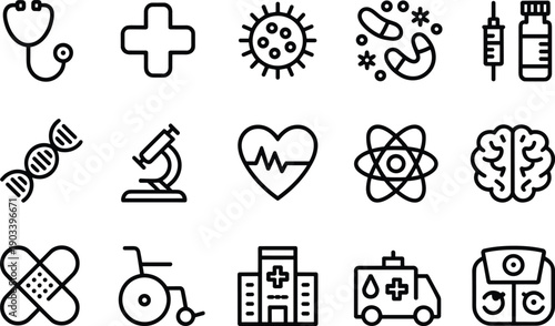 Medical and healthcare icon set with stethoscope cross virus dna syringe microscope flask atom brain band aid