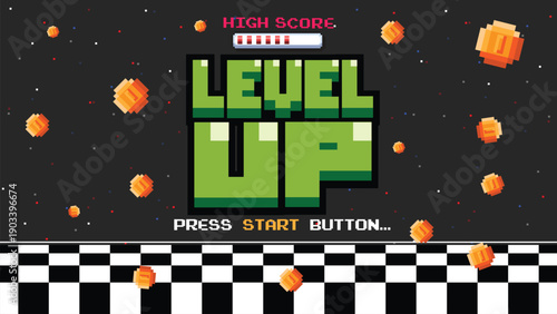 Level up screen. Retro pixel arcade machine 8 bit monitor press start play button vintage console 1980s.	