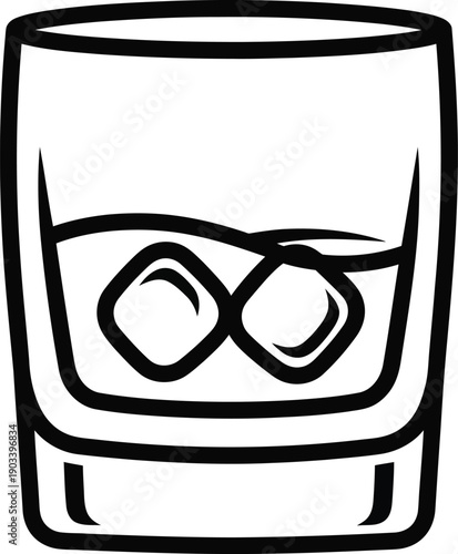 A simple line drawing of a whiskey glass with ice cubes