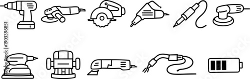 Collection of line art icons representing various power tools and a battery charge indicator
