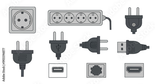 Electrical plug, socket and power outlet icon set vector collection