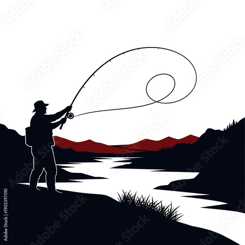 Fly Fisherman Casting Loop by Mountain Lake in Scenic Wilderness Landscape Vector

