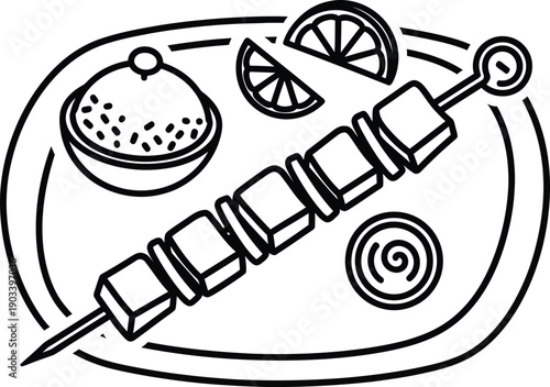 Grilled meat skewer with accompaniments on a plate