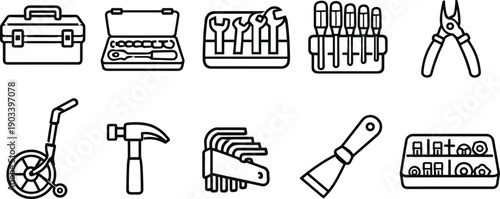 Collection of various hand tools and equipment for construction and repair work