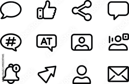 Set of 12 outline thin black icons representing various social media interactions and communication