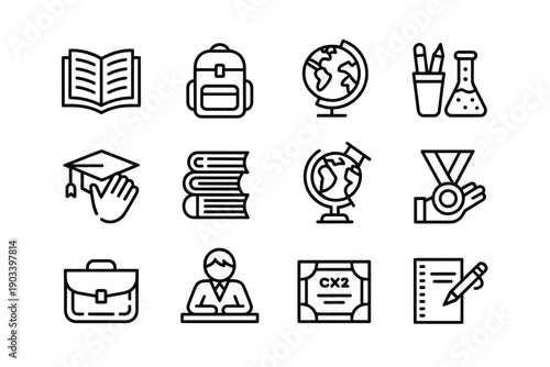 Educational icons set including book backpack globe lab equipment graduation cap medal certificate and briefcase