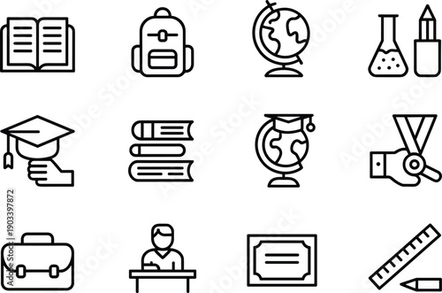 Academic and school icon collection with world map stack of books ruler and student desk for educational design