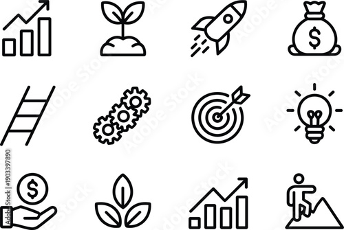 Business growth and startup icons featuring rocket ship targets lightbulbs and financial charts for success theme