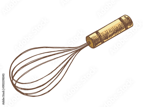 Hand drawn vintage sketch of wire kitchen whisk with wooden handle in color, isolated cooking utensil illustration
