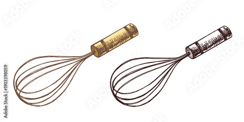 Hand drawn vintage sketch of wire kitchen whisk in color and monochrome version, isolated cooking utensil illustration