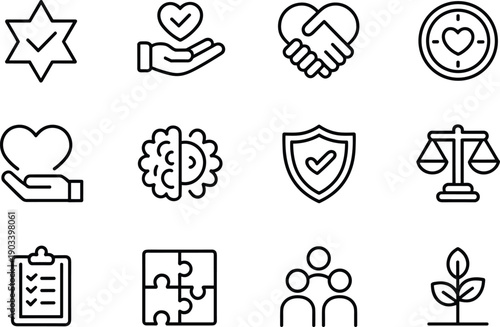 Set of 12 outline icons of corporate social responsibility. Includes integrity, trust, teamwork, and balance