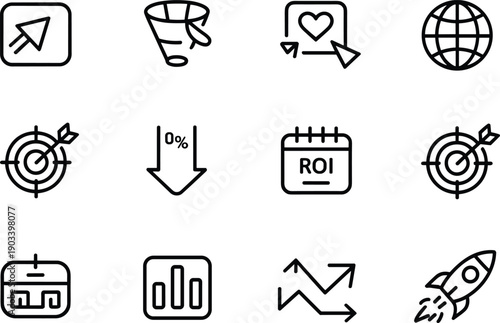 Set of 12 outline icons representing business metrics and analytics with a clean and modern design