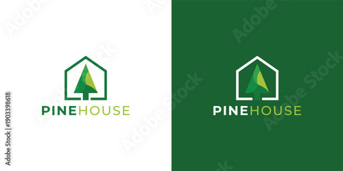 Modern Pine Tree and House Logo Template for Real Estate, Eco Property and Nature Home Branding