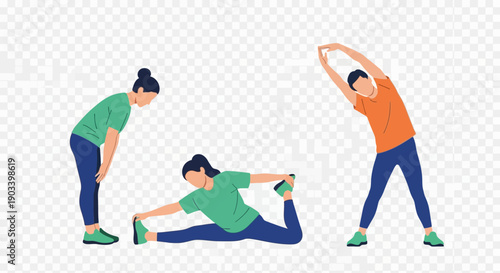 People stretching and exercising in athletic wear.