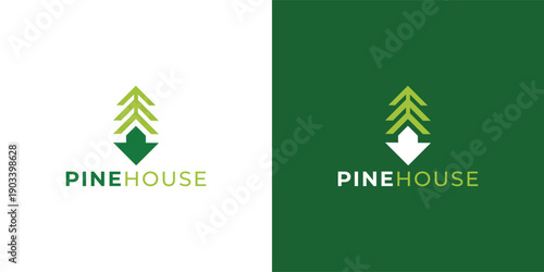 Modern Pine Tree and House Logo Template for Real Estate, Eco Property and Nature Home Branding