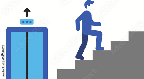 Person climbing stairs next to an elevator with an upward arrow.