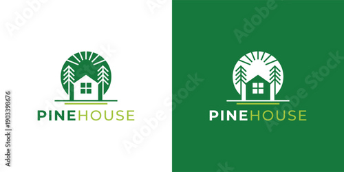 Modern Pine Tree and House Logo Template for Real Estate, Eco Property and Nature Home Branding
