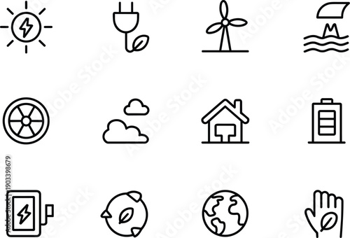 Ecology and power icons pack showing sun plug wind mill wave house battery and recycling symbols in black linear style