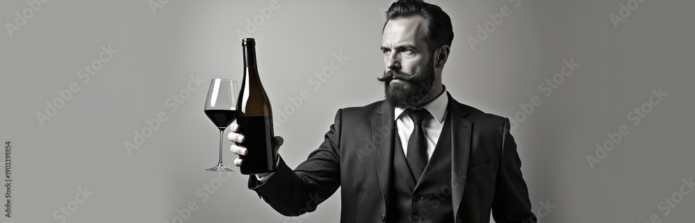 Fototapeta premium Man with beard and mustache wears formal suit. He holds wine bottle and glass. Gentleman offers beverage for tasting. Elegant man checks drink quality.
