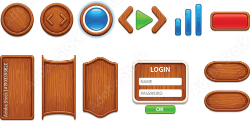 Set of wooden game interface elements featuring buttons login panels and menu boards with rustic timber textures for mobile app and web design.