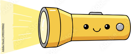 Smiling cartoon flashlight with beam.
