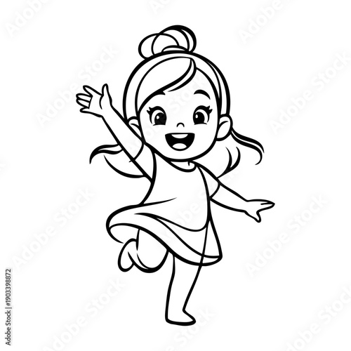 Dibujo sencillo con líneas de una chica joven alegre corriendo saludando con la mano 